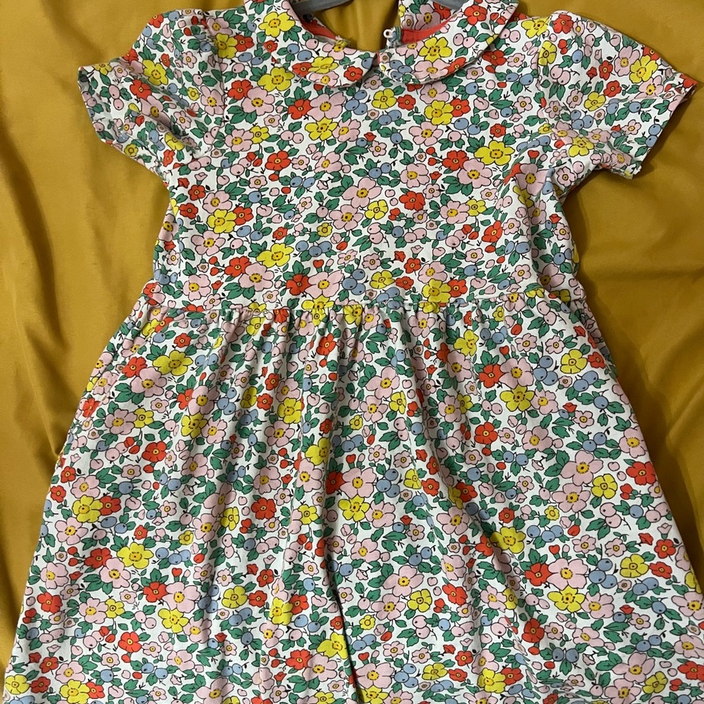 Mini Boden Girls Pink Floral Cotton Dress with Peter Pan Collar